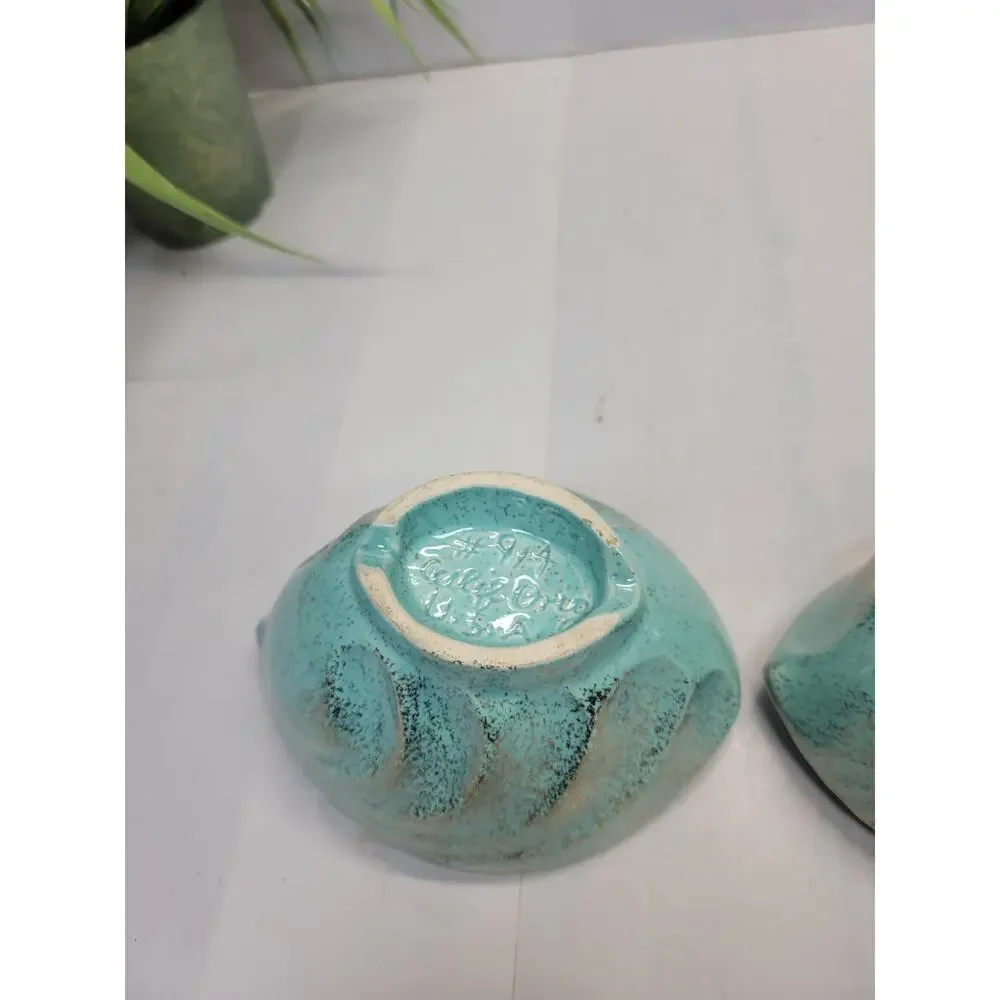 Vintage California Pottery 914 Candle Holders Aqua Gold Speckled MCM Teardrop